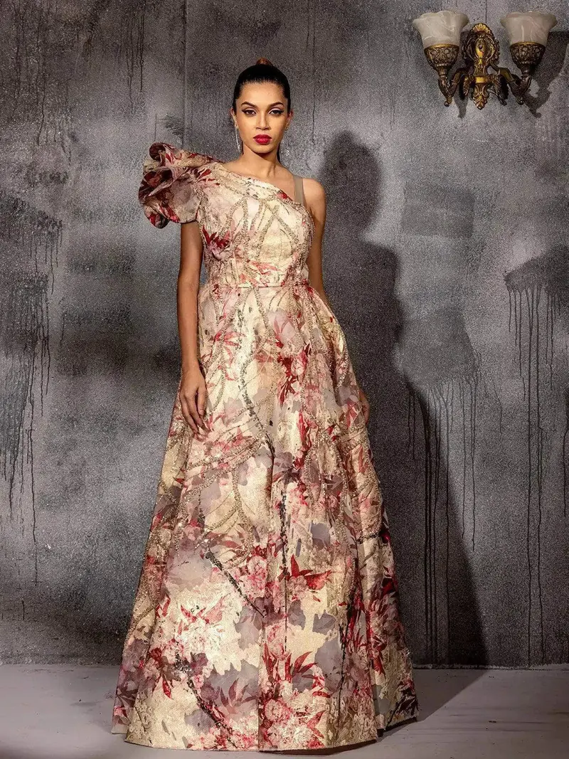 Ivory Gown With Floral Prints And Shimmers 1