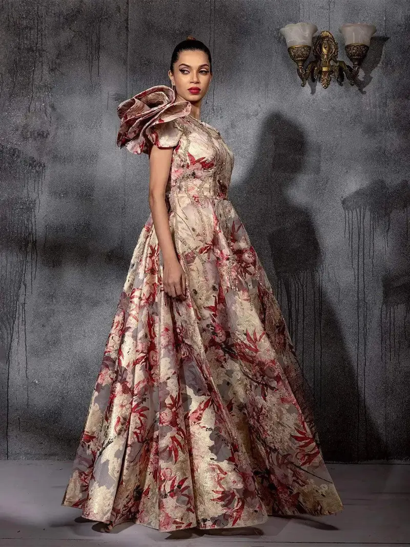 Ivory Gown With Floral Prints And Shimmers 2