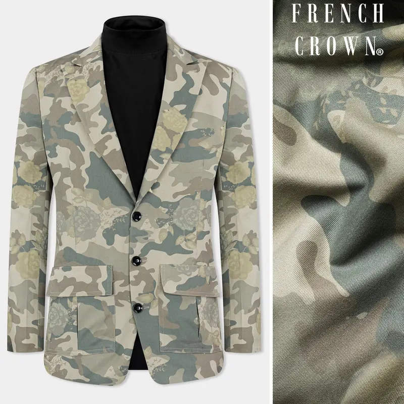 Ivory Green And Arrowtone Brown Camouflage Premium Cotton Designer Blazer 1