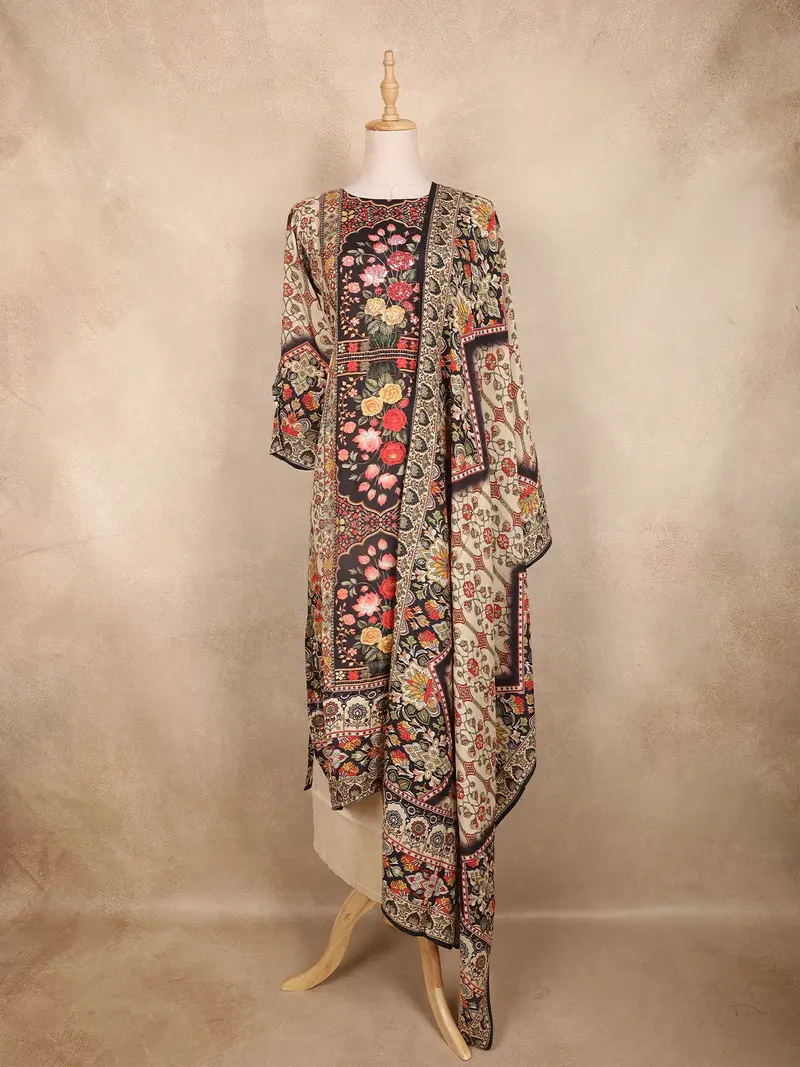 Ivory Kashmiri Floral Printed Design Crepe Straight Cut Salwar Suit With Dupatta 1