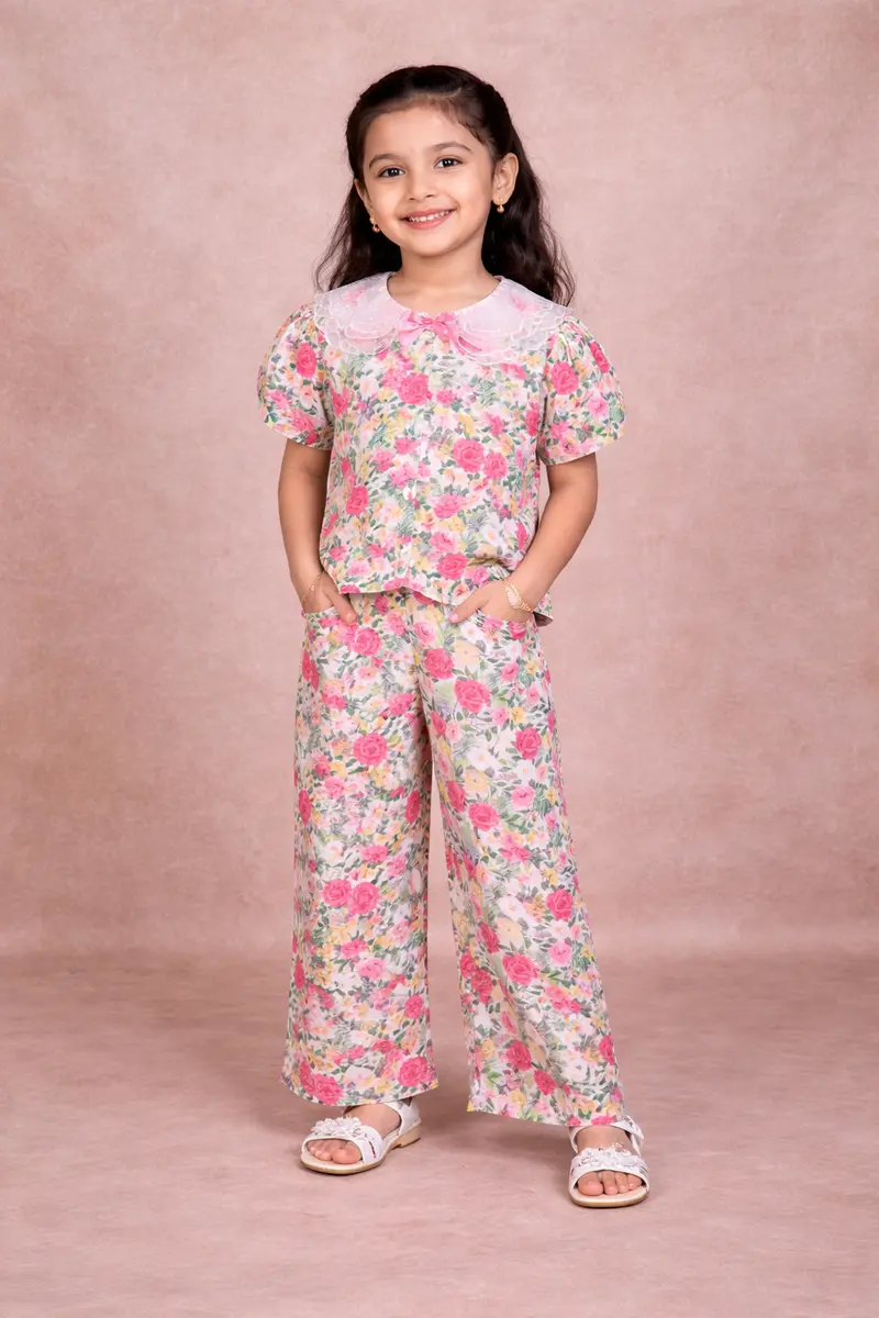 Ivory Kids Co-Ord Set Adorned With Flower Design With Pant 1