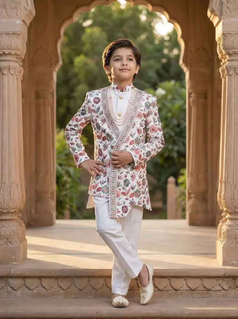 Ivory Kids Sherwani Adorned With Sequins And Thread Floral Design With Pearls Mala 1