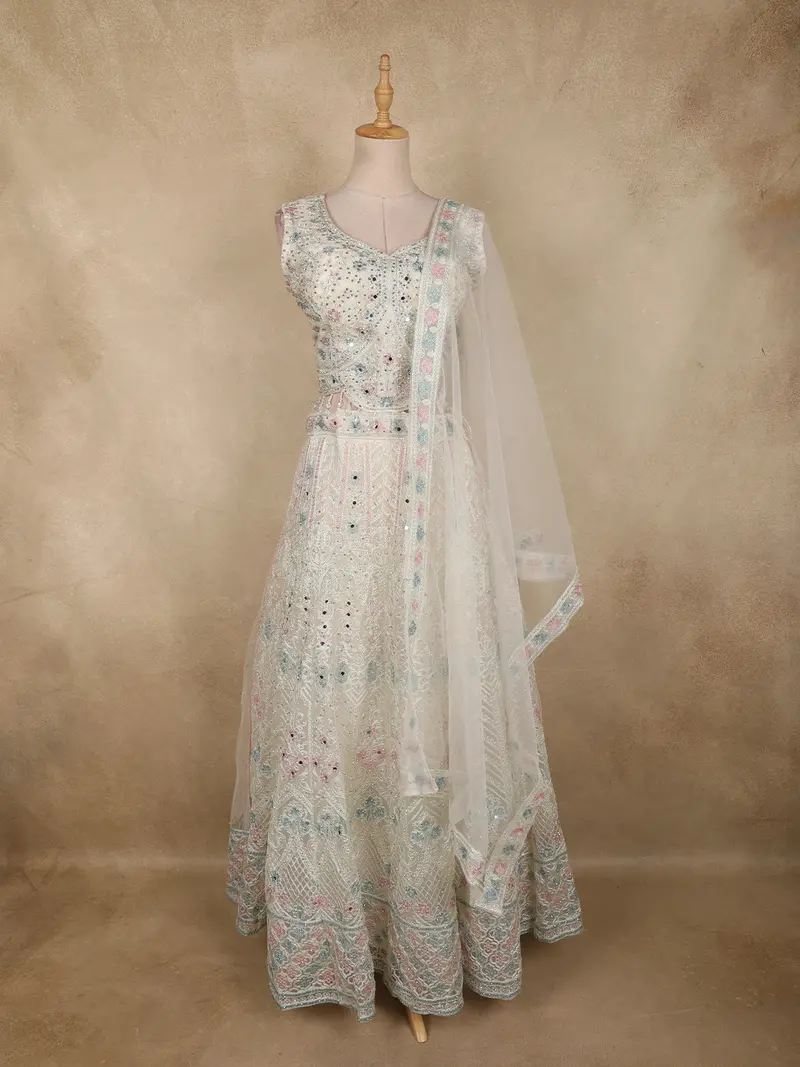 Ivory Mirror And Thread Embroidered Design Net Lehenga With Dupatta 1
