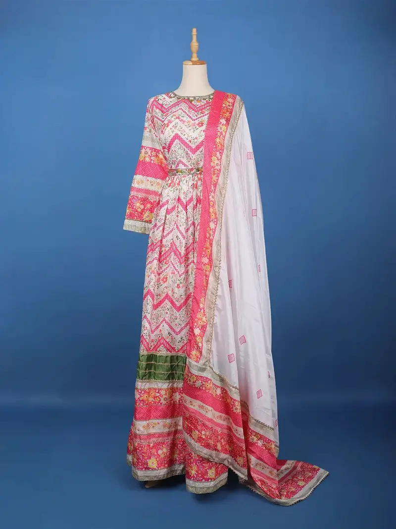 Ivory Multi-Floral Printed Anarkali Cotton Gown With Dupatta 2