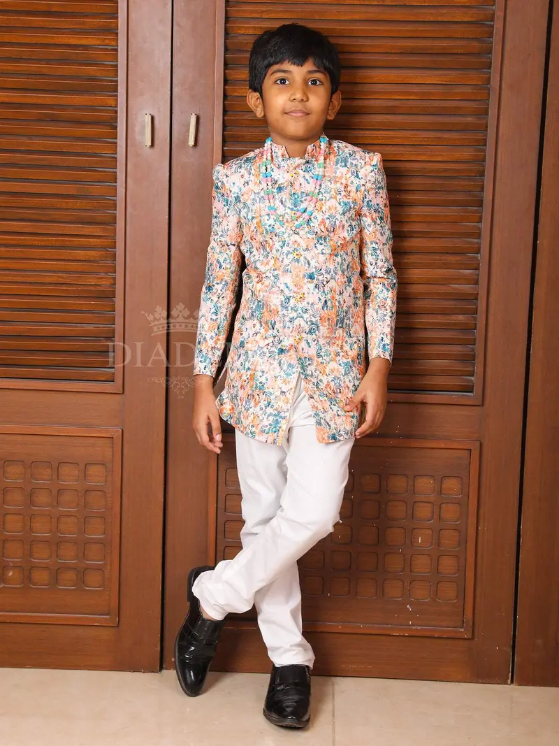 Ivory Multicolor Floral Printed Sherwani And Pant Set 1