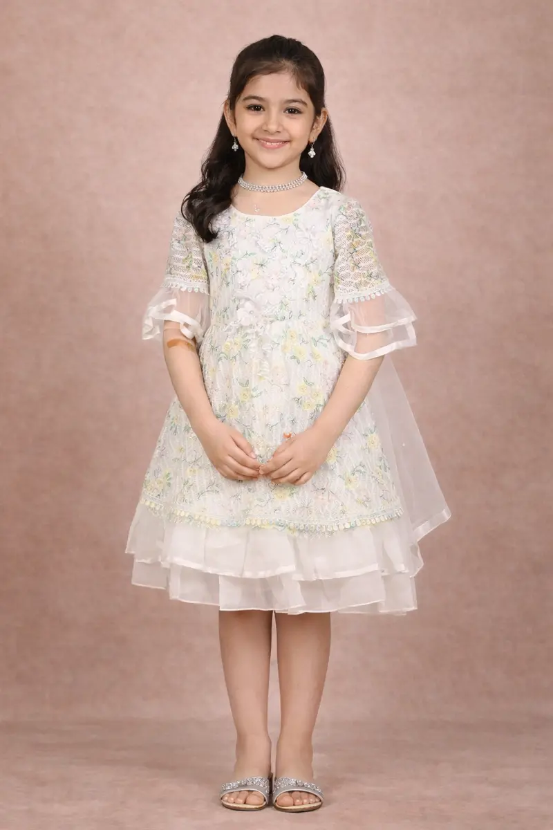 Ivory Net Kids Frock Adorned With Floral Laces And Beads 1