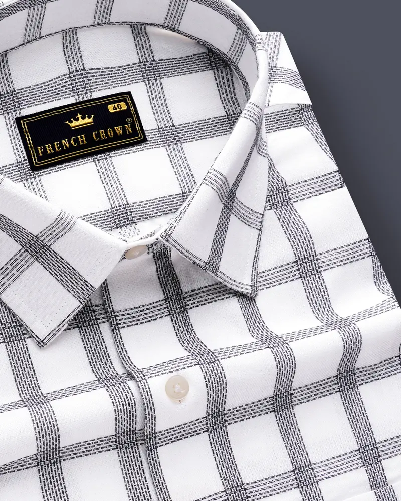 Ivory Noir-Bright White And Jade Black Plaid Jacquard Textured Premium Cotton Dress Shirt 1