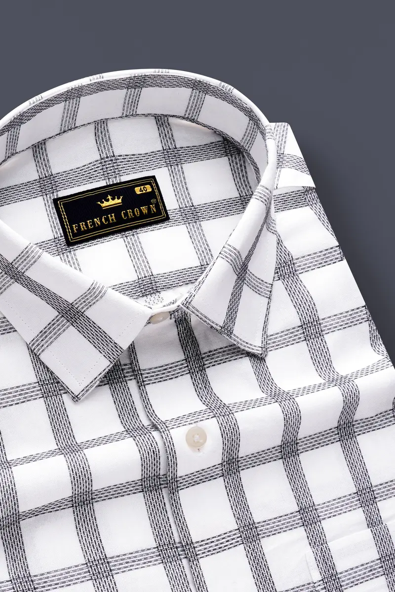 Ivory Noir-Bright White And Jade Black Plaid Jacquard Textured Premium Cotton Dress Shirt 2