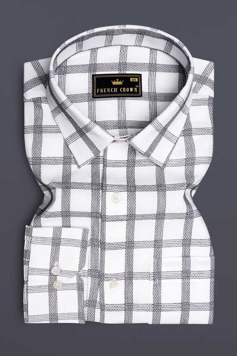 Ivory Noir-Bright White And Jade Black Plaid Jacquard Textured Premium Cotton Dress Shirt 4