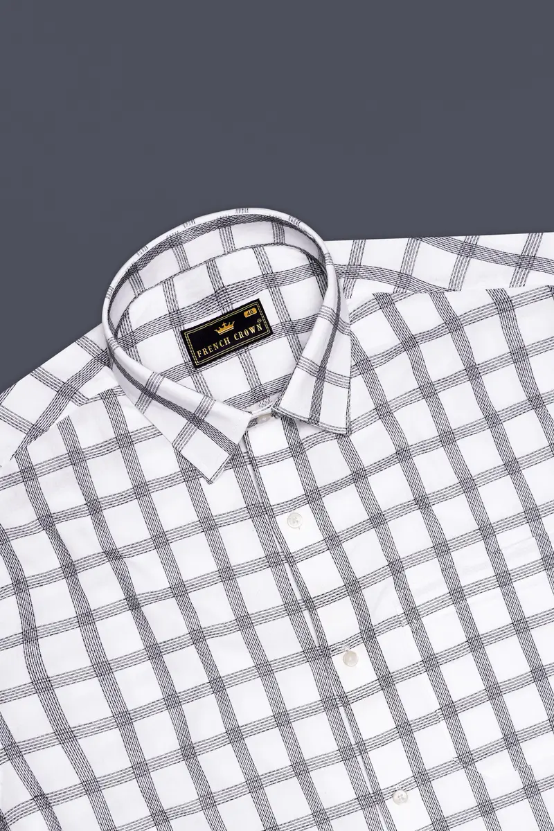 Ivory Noir-Bright White And Jade Black Plaid Jacquard Textured Premium Cotton Dress Shirt 5