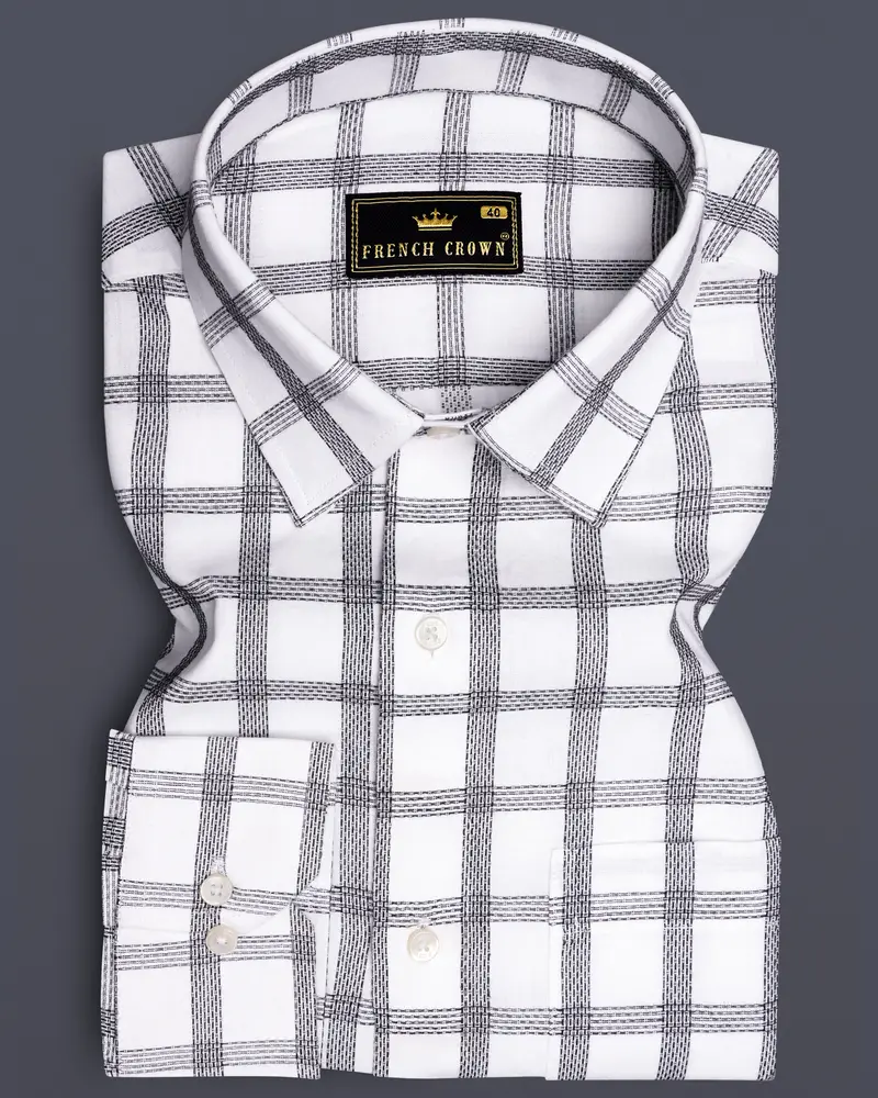 Ivory Noir-Bright White And Jade Black Plaid Jacquard Textured Premium Cotton Dress Shirt 6