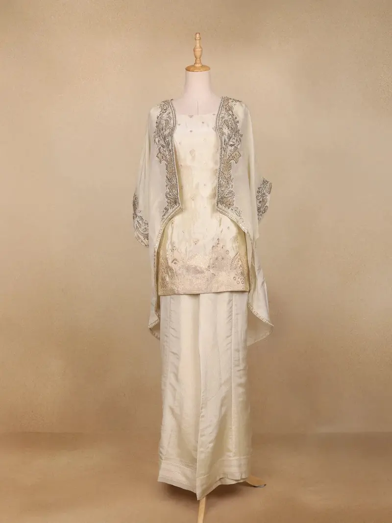 Ivory Organza Palazzo Suit With Paisley Embroidery Design 1