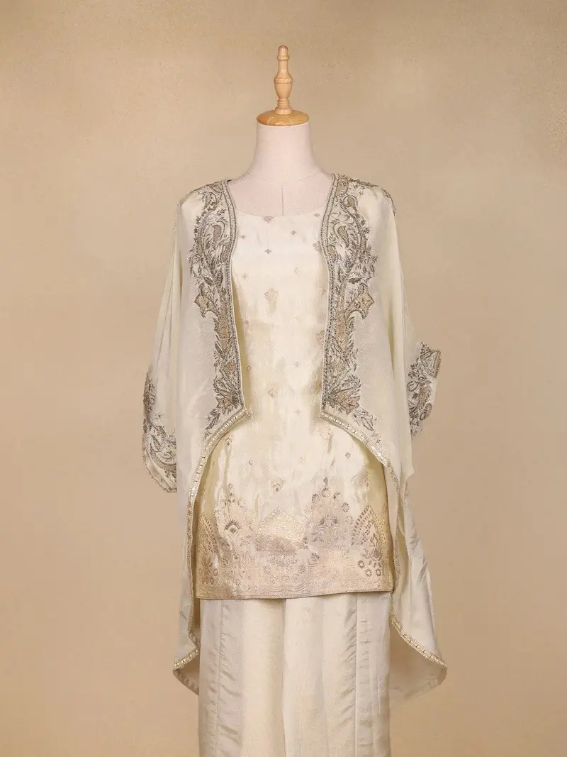 Ivory Organza Palazzo Suit With Paisley Embroidery Design 2