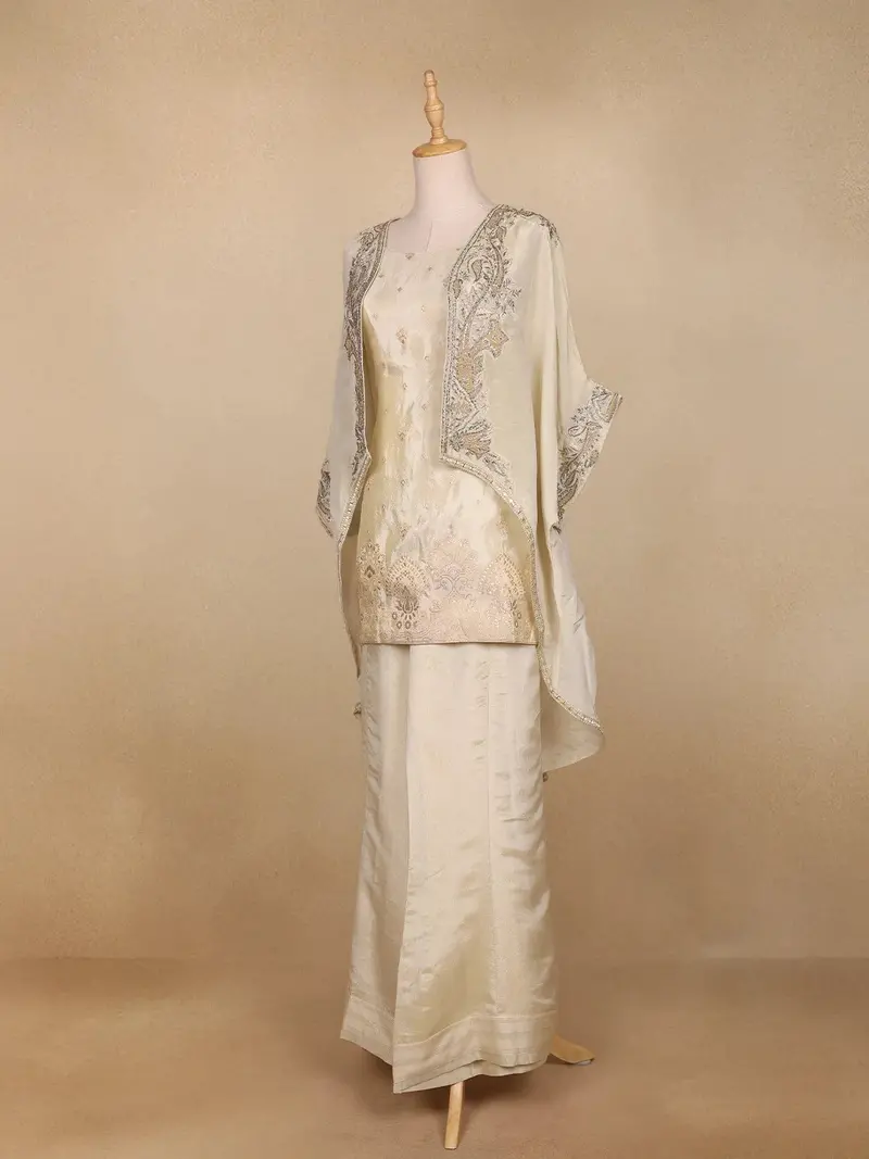 Ivory Organza Palazzo Suit With Paisley Embroidery Design 3