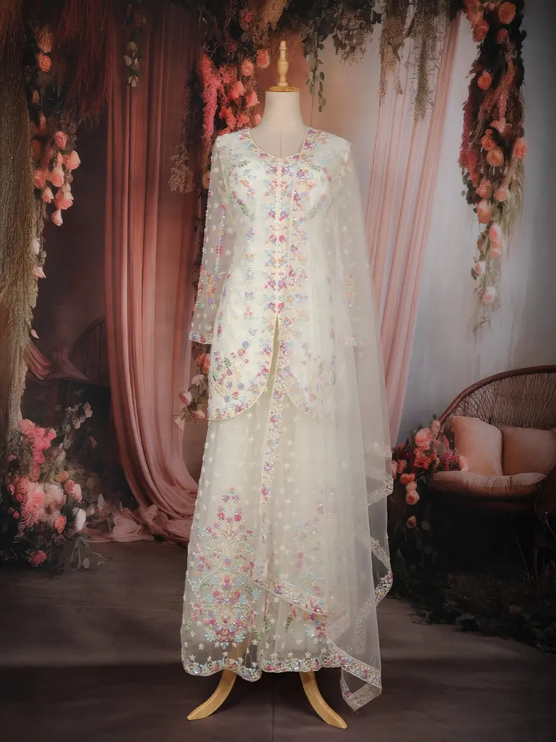 Ivory Pastel Floral Sequins Embroidered Net Palazzo With Dupatta 1