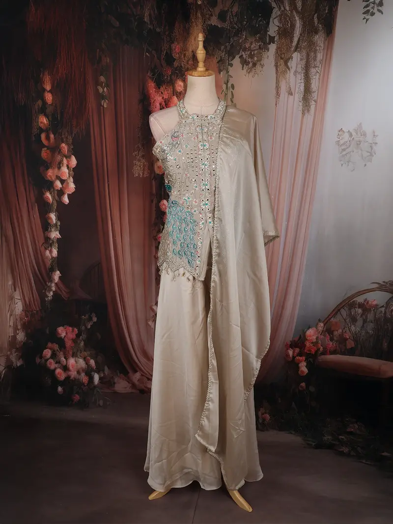 Ivory Peacock Stone Embellished And Beads Design Georgette Palazzo Suit With Dupatta 1