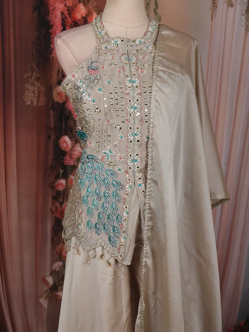 Ivory Peacock Stone Embellished And Beads Design Georgette Palazzo Suit With Dupatta 2