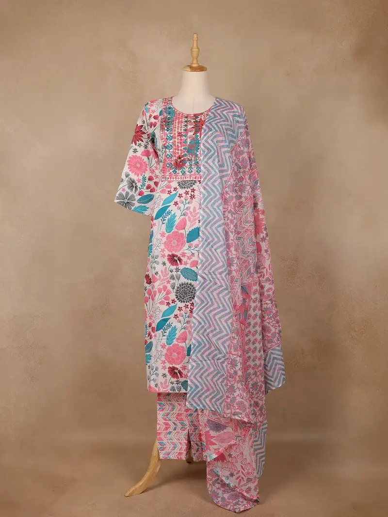 Ivory Pink Multicolor Floral Printed Cotton Salwar Suit 1