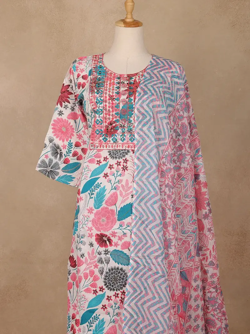 Ivory Pink Multicolor Floral Printed Cotton Salwar Suit 2