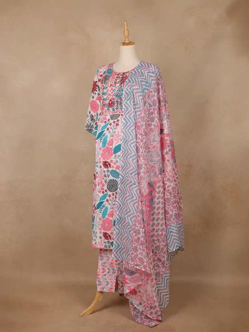 Ivory Pink Multicolor Floral Printed Cotton Salwar Suit 3
