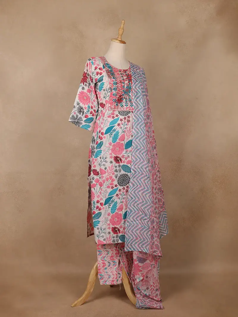 Ivory Pink Multicolor Floral Printed Cotton Salwar Suit 4
