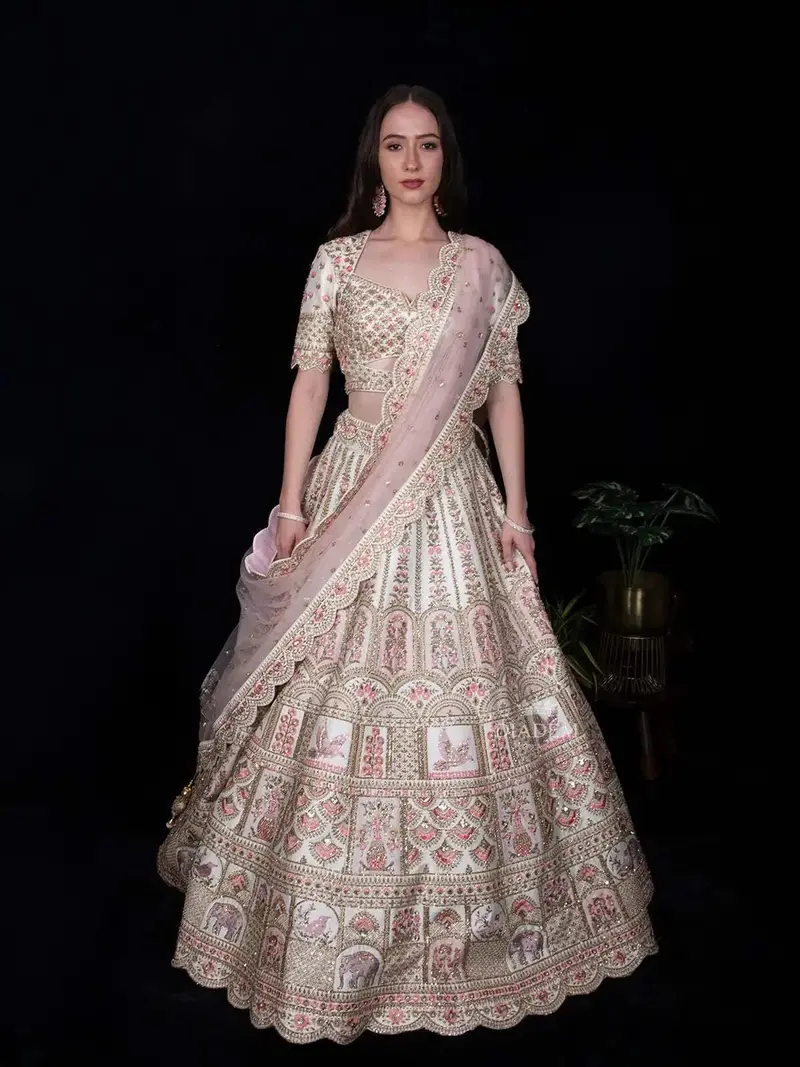 Ivory Raw Silk Floral Designed Wedding Bridal Lehenga 1