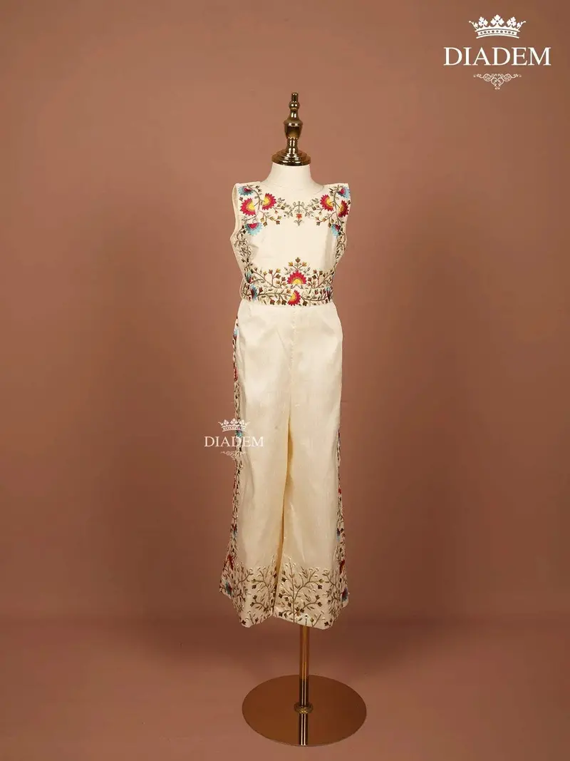Ivory Raw Silk Jumpsuit Embellished With Floral Embroidery 1