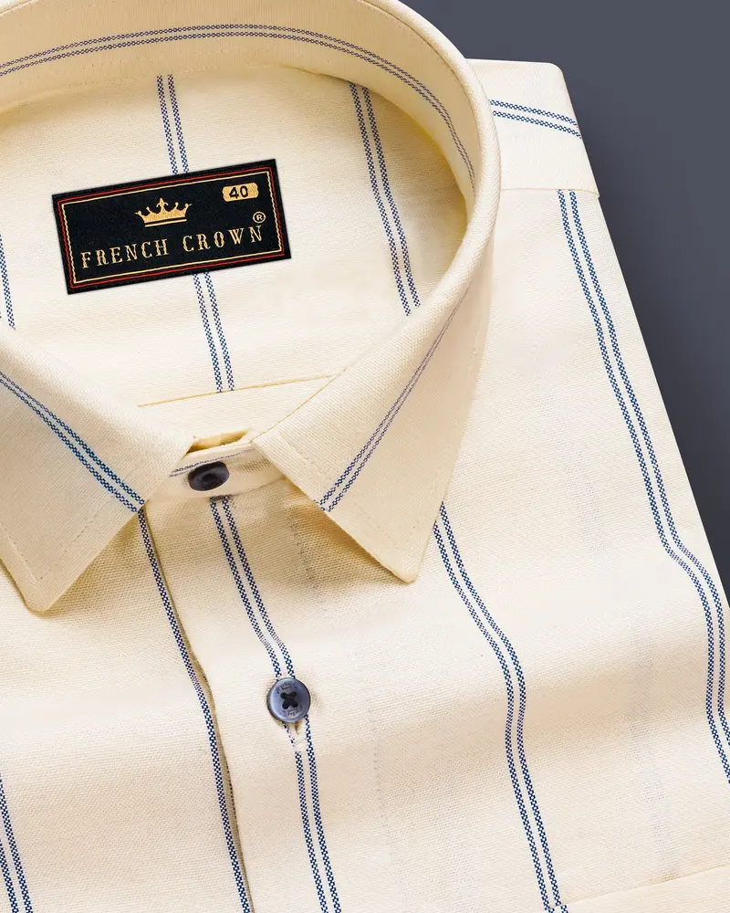 Ivory Sail-Bizarre Cream And Marine Blue Striped Oxford Premium Cotton Semi Casual Shirt 1