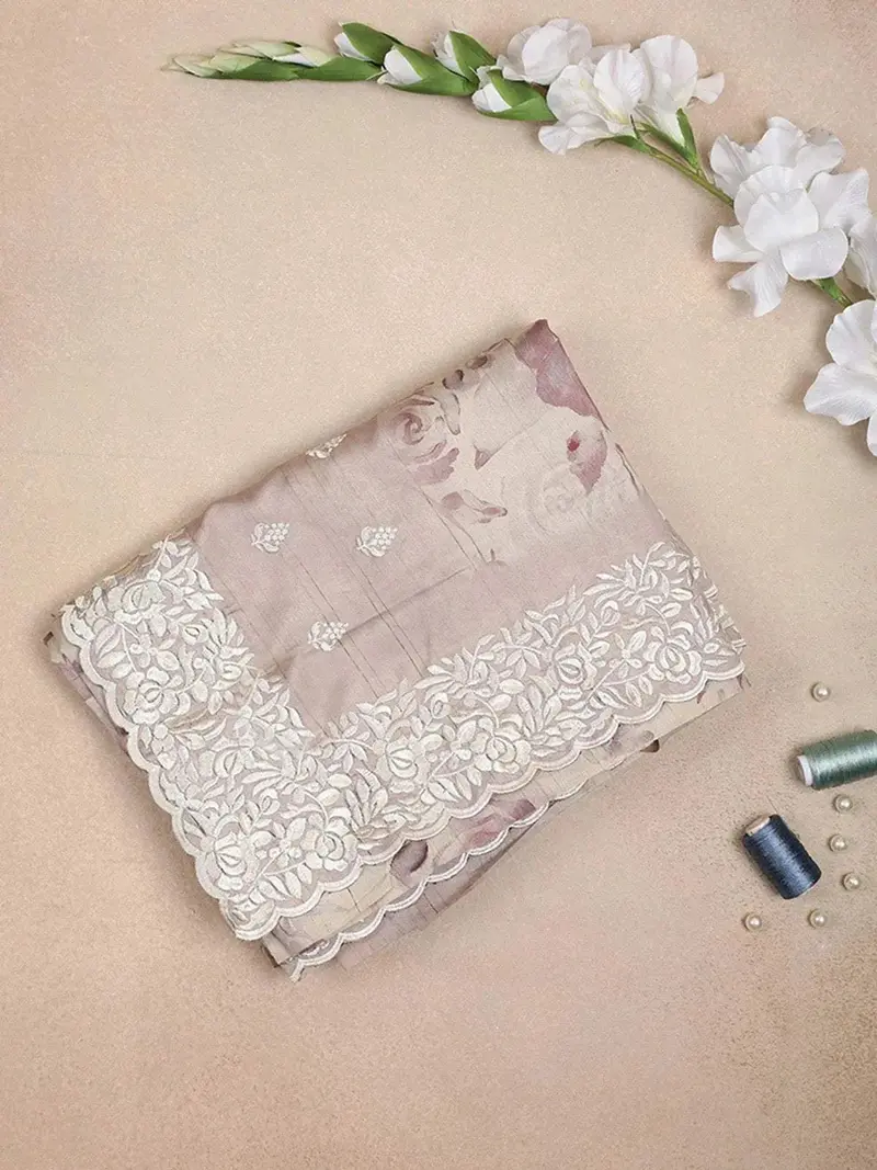 Ivory Semi Tussar Silk Saree With Stripes And Floral Design With Lace Design 1