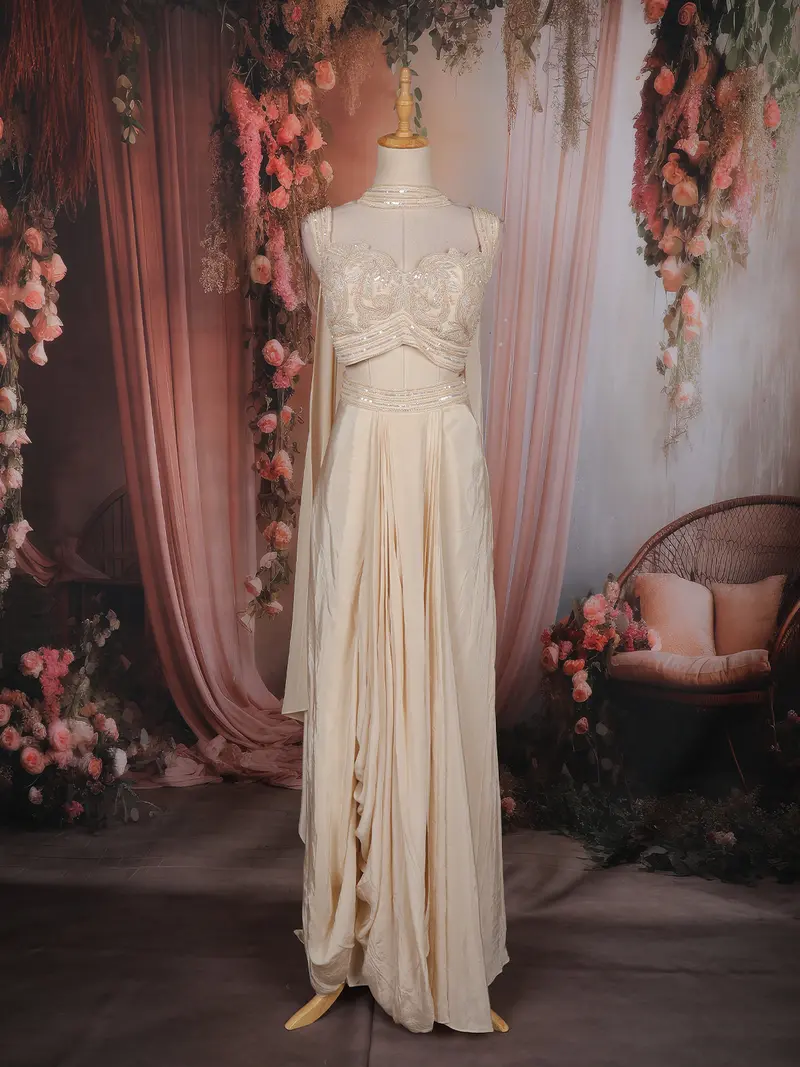 Ivory Sequins Embellished Design Satin Skirt Top 1