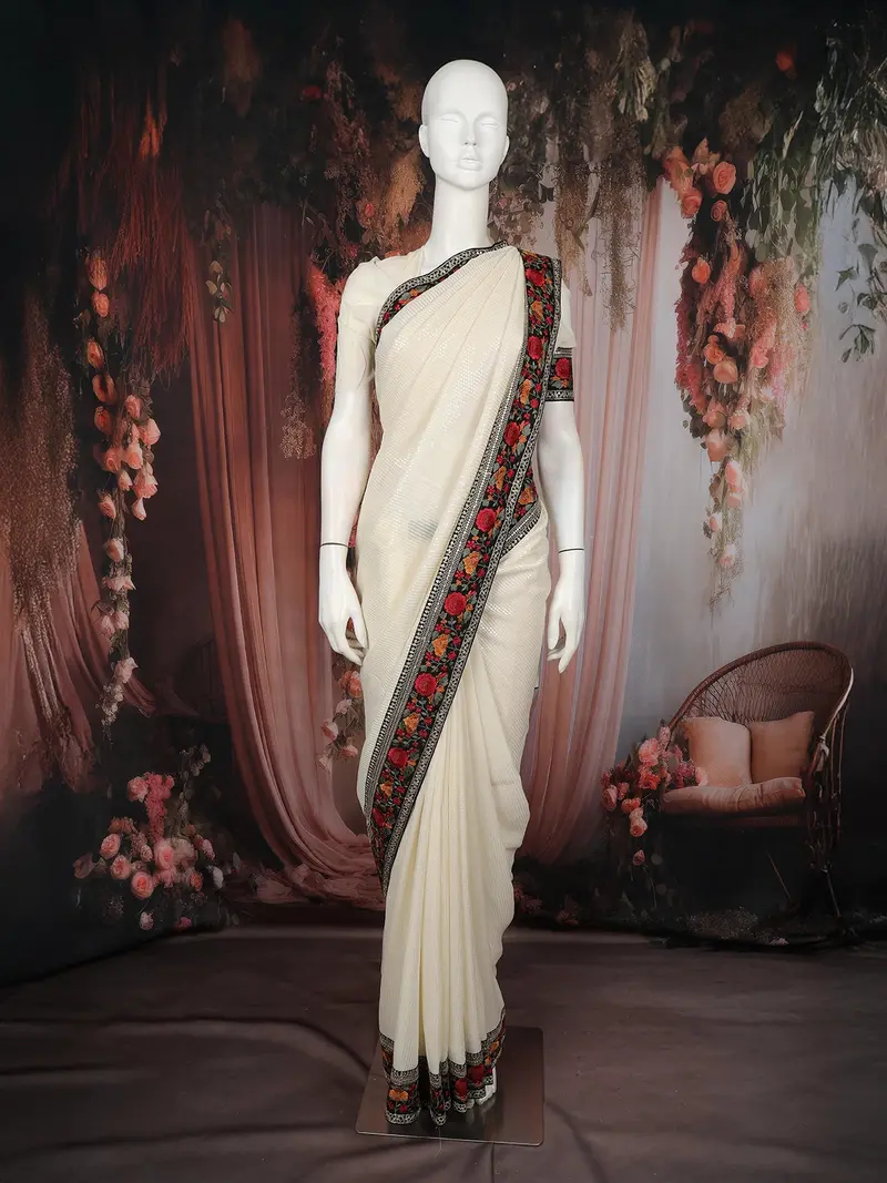 Ivory Sequins Embroidered Design Chiffon Saree With Floral Border 1