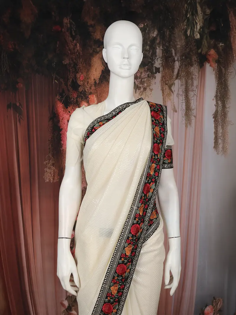 Ivory Sequins Embroidered Design Chiffon Saree With Floral Border 2