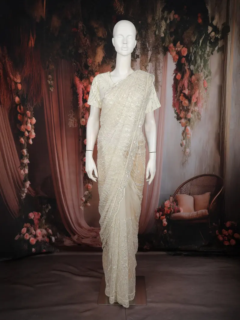 Ivory Sequins Embroidered Designer Net Saree With Matching Blouse 1