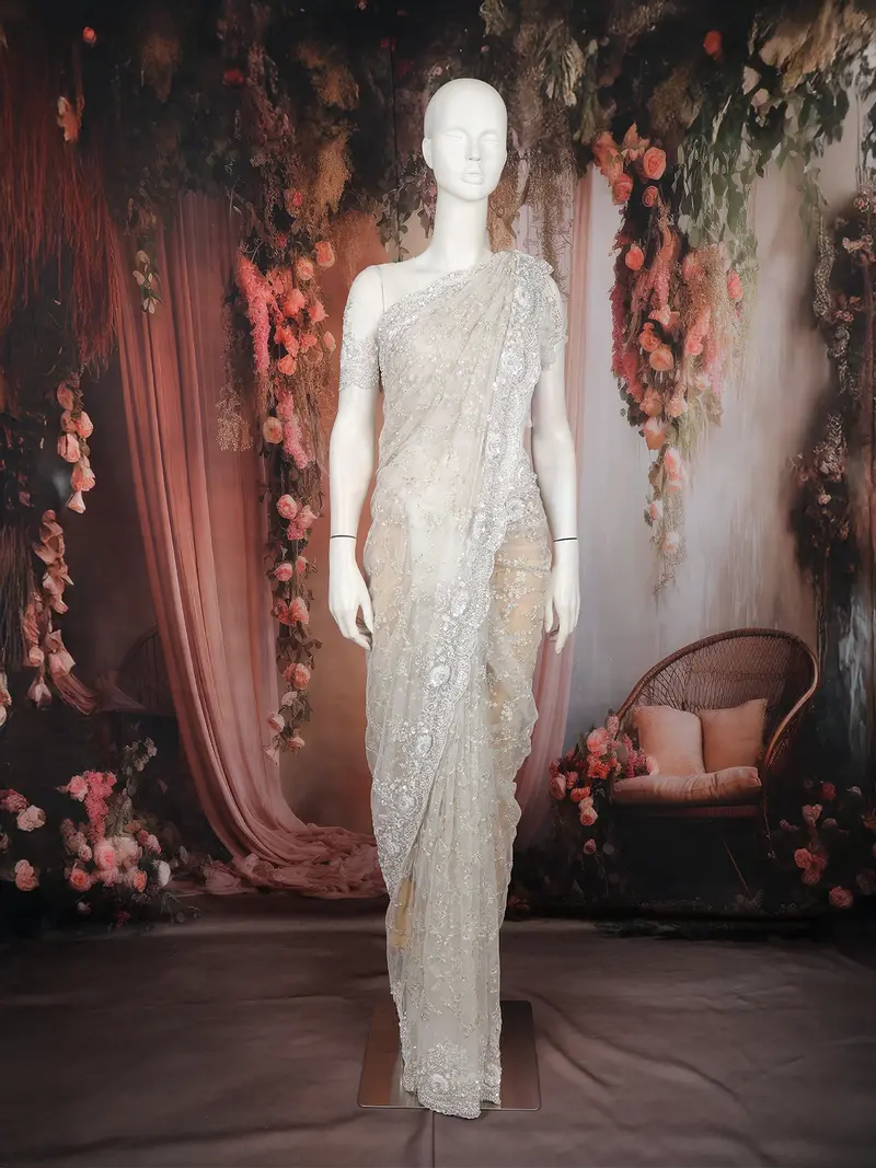 Ivory Sequins Embroidered Designer Net Saree With Matching Blouse 1