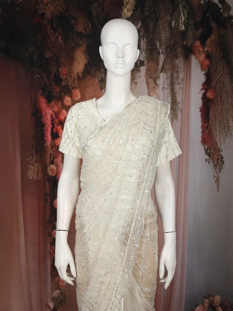 Ivory Sequins Embroidered Designer Net Saree With Matching Blouse 2