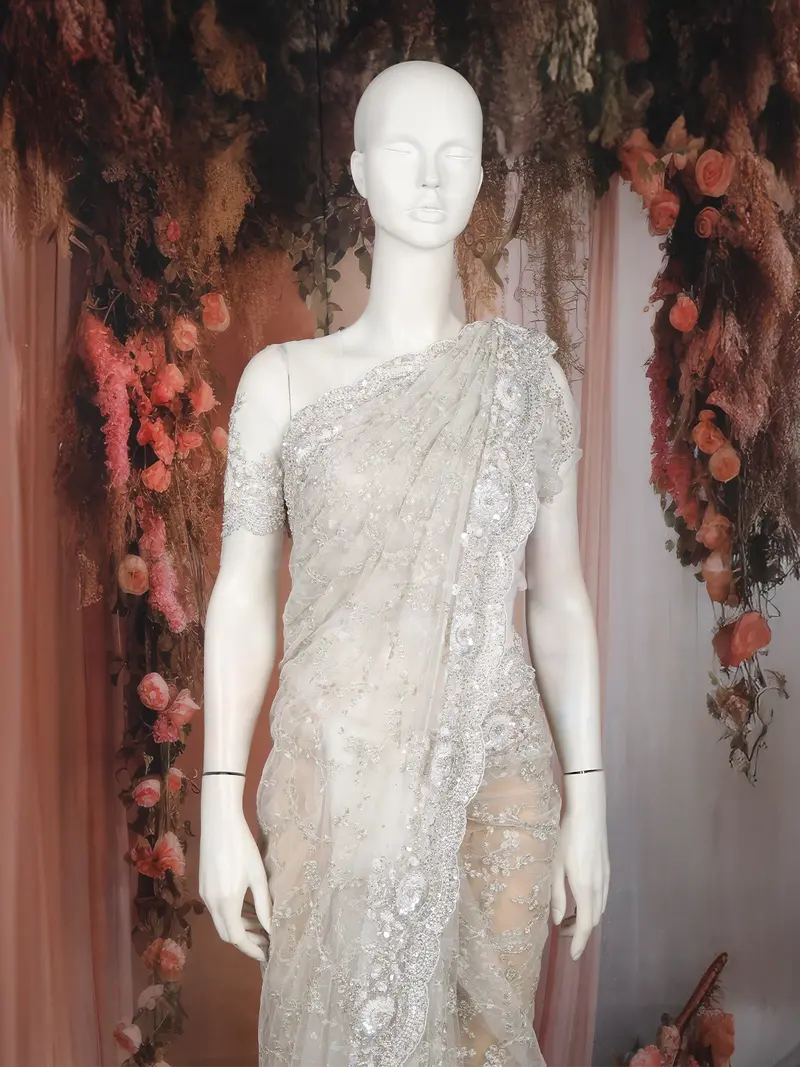 Ivory Sequins Embroidered Designer Net Saree With Matching Blouse 2