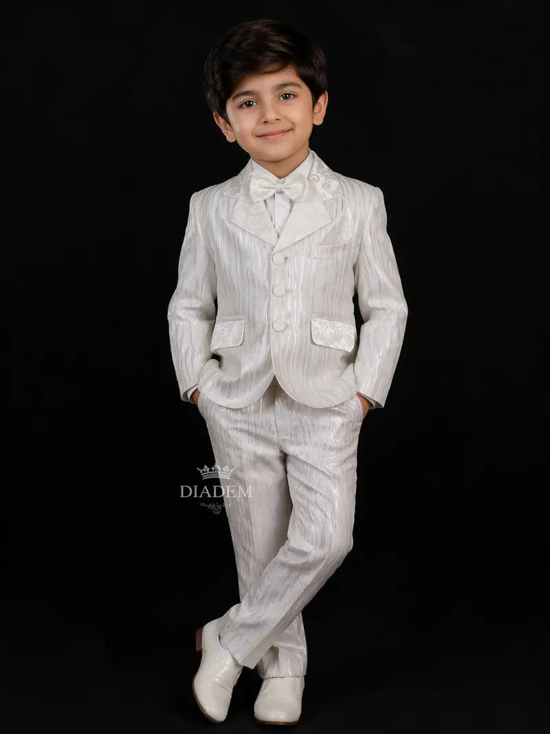 Ivory Silk Blend Striped Suit Coat For Boys With Attached Bow 1