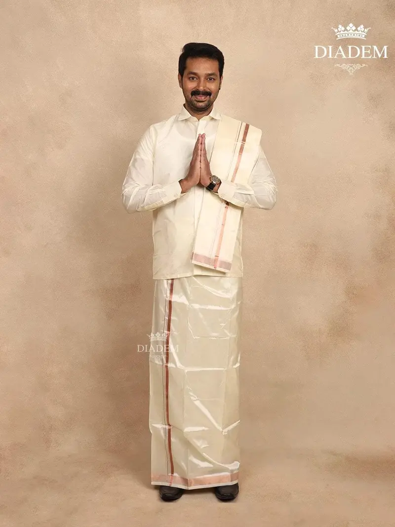 Ivory Silk Dhoti With Shirt, Paired With Towel 1
