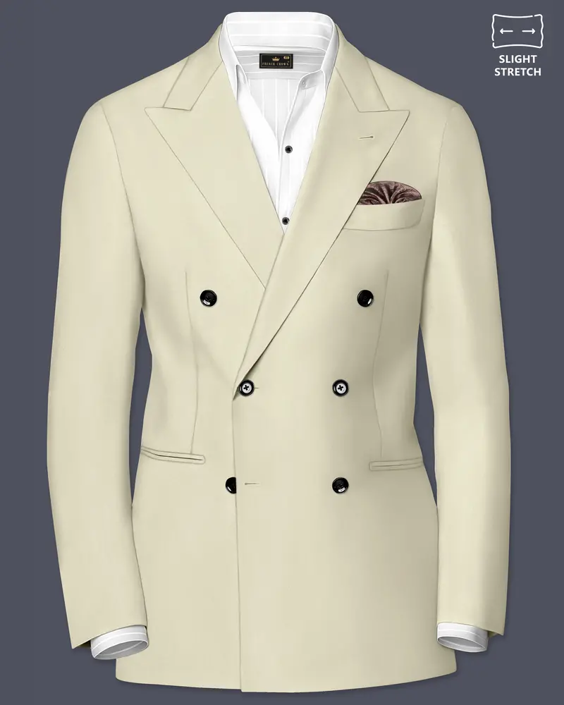 Ivory-Sisal Cream Slight Stretch Subtle Sheen Poly-Viscose Double Breasted Blazer 1