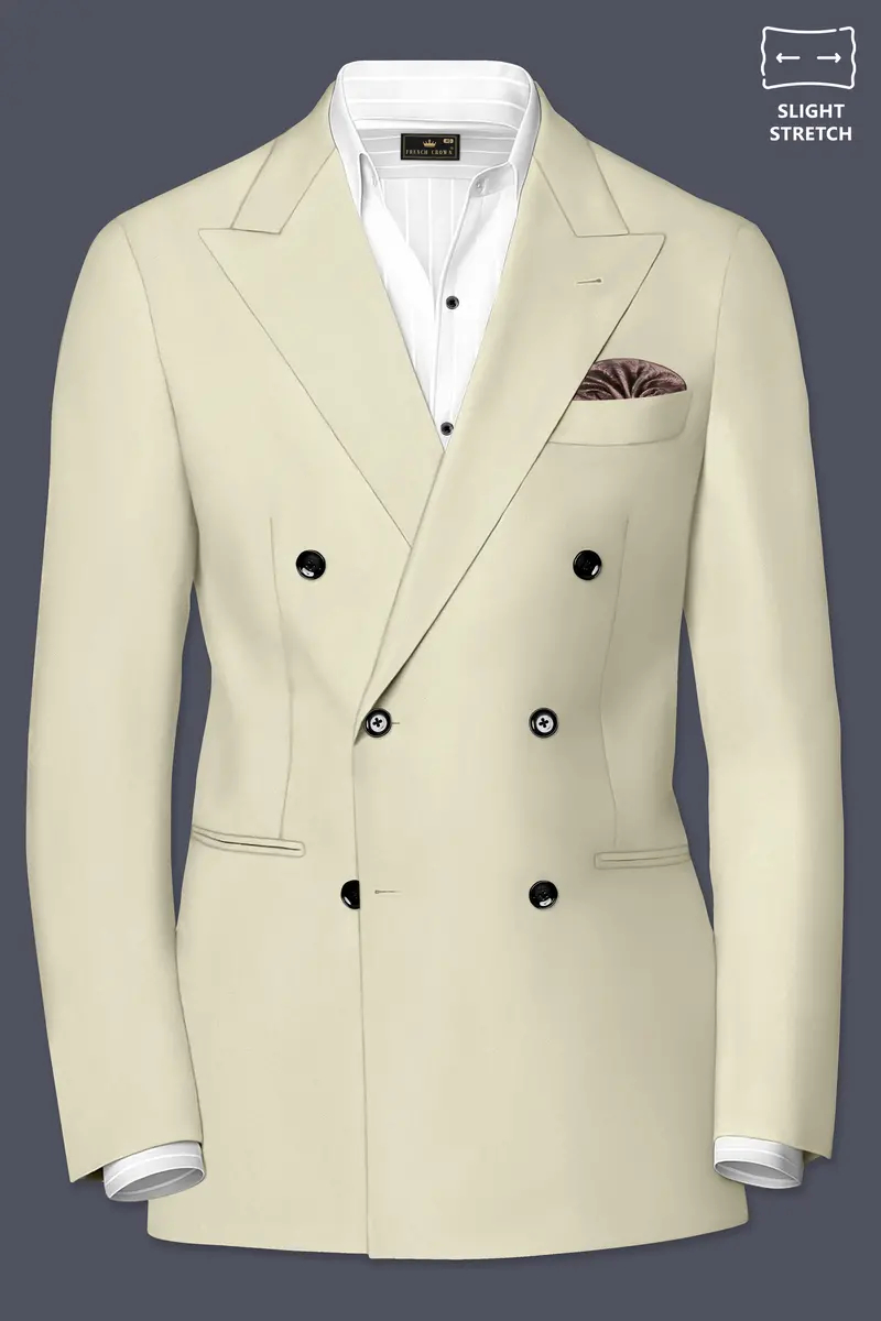 Ivory-Sisal Cream Slight Stretch Subtle Sheen Poly-Viscose Double Breasted Blazer 2