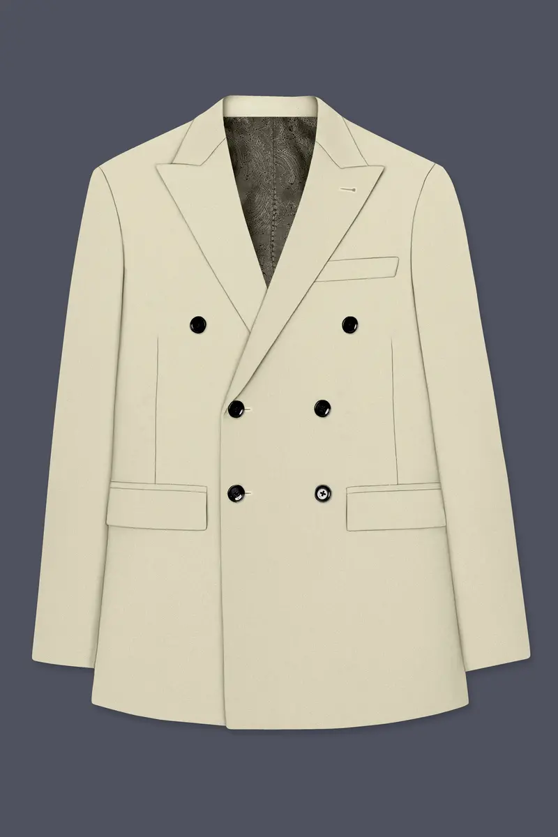 Ivory-Sisal Cream Slight Stretch Subtle Sheen Poly-Viscose Double Breasted Blazer 7