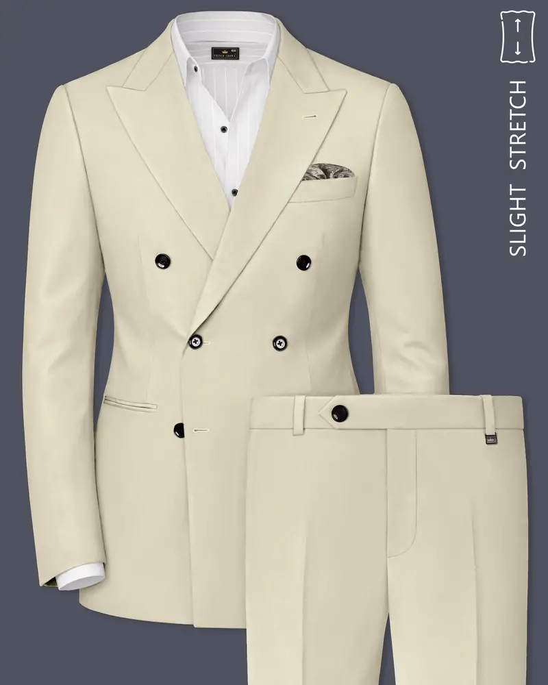 Ivory-Sisal Cream Slight Stretch Subtle Sheen Poly-Viscose Double Breasted Suit 1