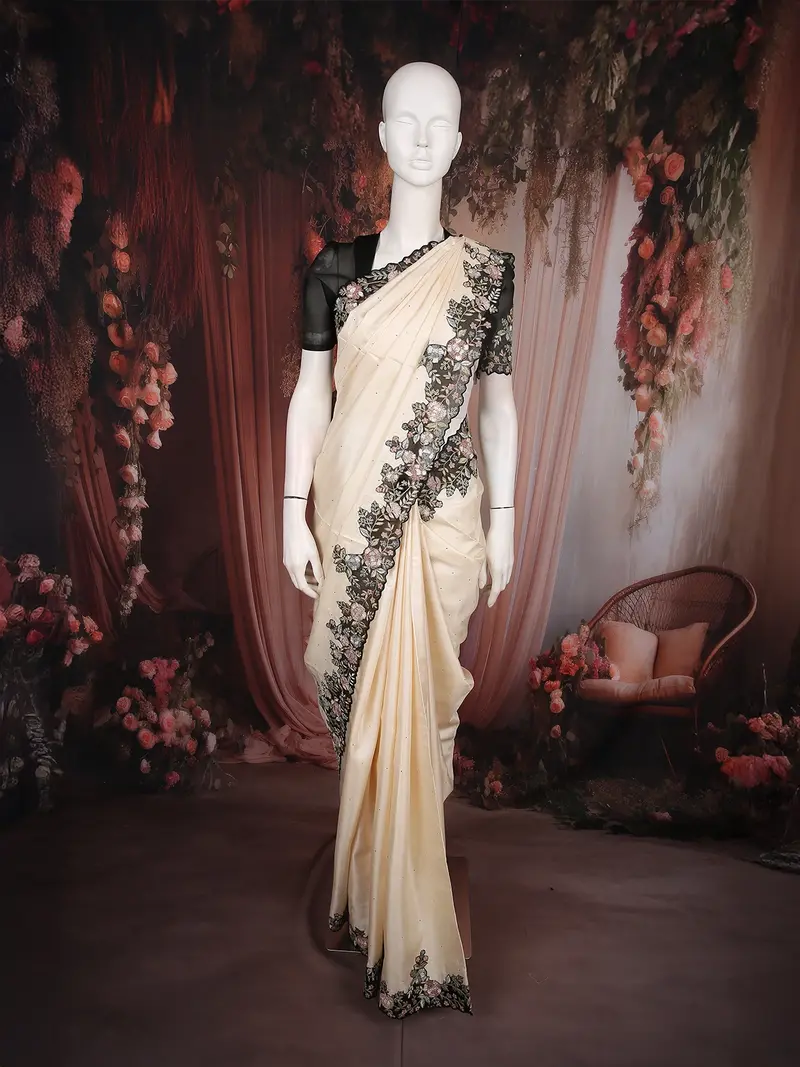 Ivory Stone Butta Printed Design Tussar Saree With Floral Thread Embroidered Design Border 1