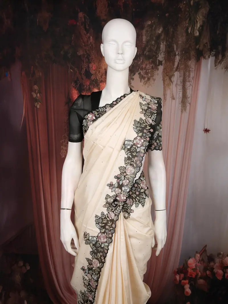 Ivory Stone Butta Printed Design Tussar Saree With Floral Thread Embroidered Design Border 2