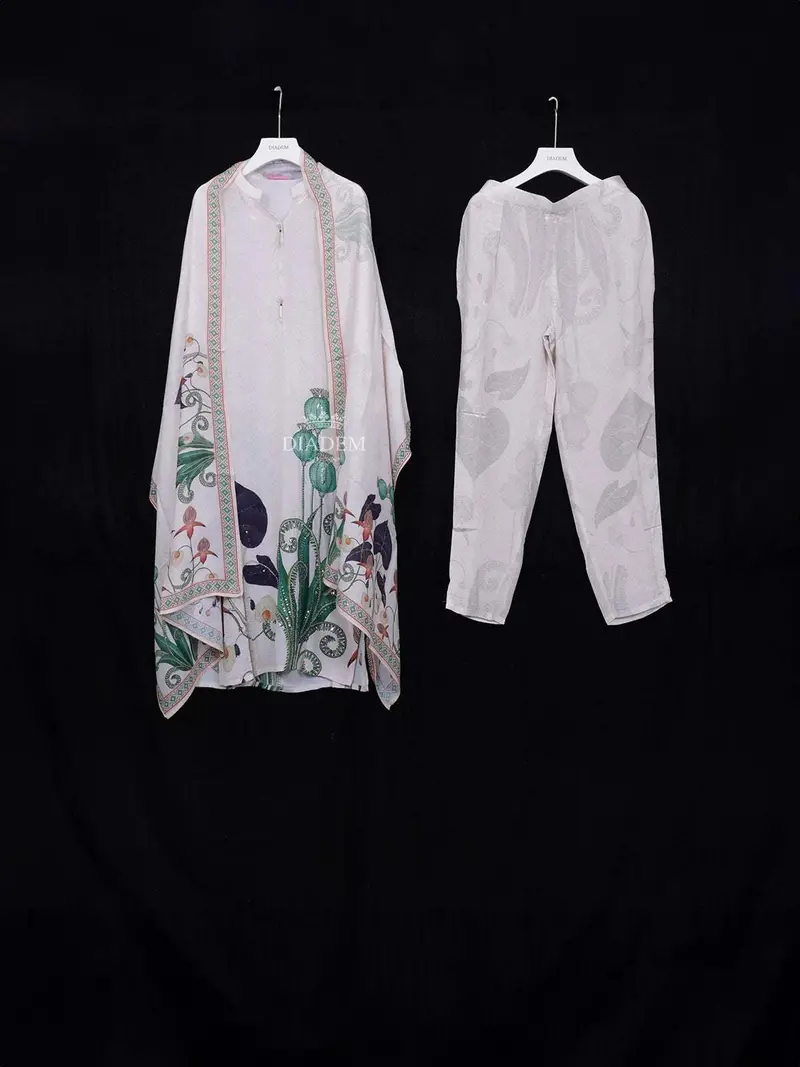 Ivory Straight Cut Salwar Suit For Women Adorned With Floral Design Paired With Dupatta 1