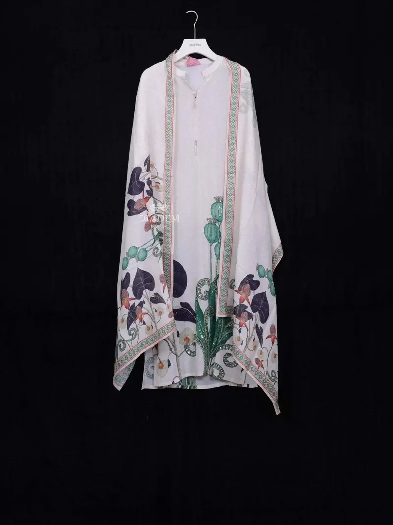 Ivory Straight Cut Salwar Suit For Women Adorned With Floral Design Paired With Dupatta 2