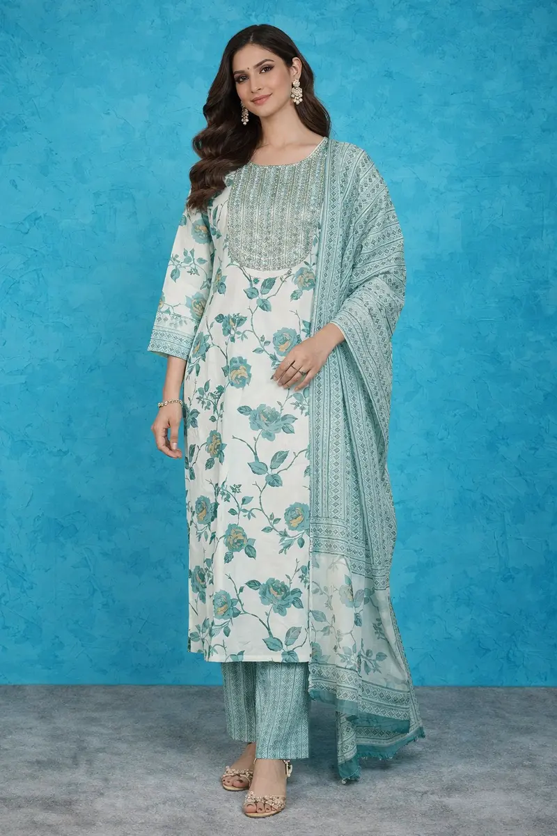 Ivory Straight Cut Salwar Suit For Women Adorned With Floral Prints And Embroidery Along With Dupatta 1