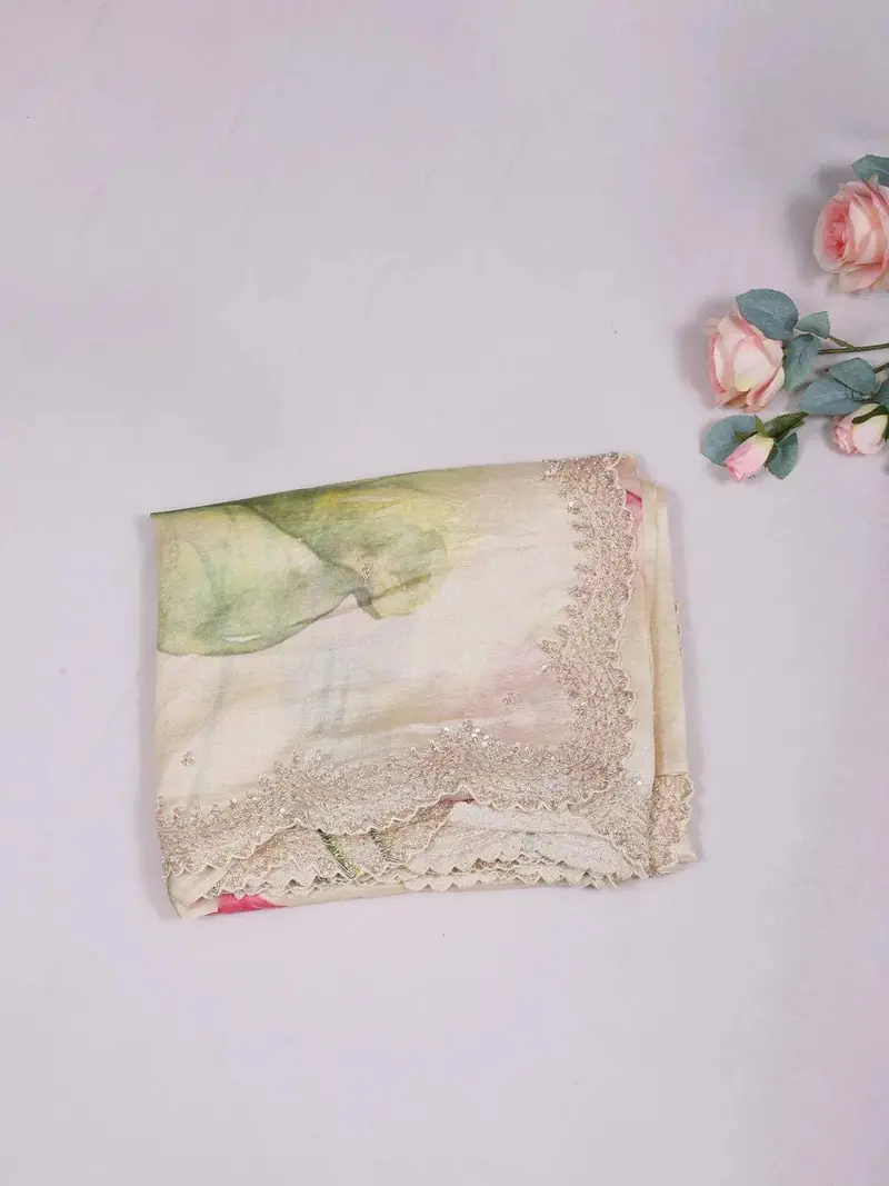 Ivory Tussar Silk Saree With Floral Prints & Embroidery Border 1