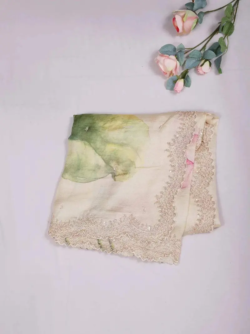 Ivory Tussar Silk Saree With Floral Prints & Embroidery Border 2