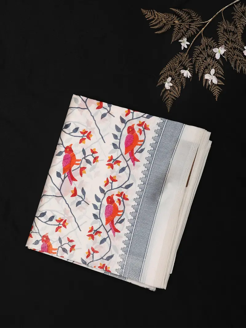 Ivory White And Red Floral And Birds Printed Design Crepe Silk Saree 1
